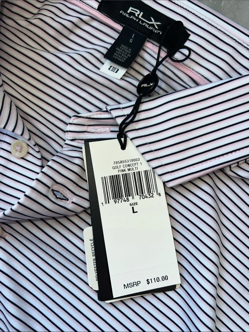 NWT RLX Ralph Lauren Men's Light Pink and Navy Thin-Striped Polo Size Large L